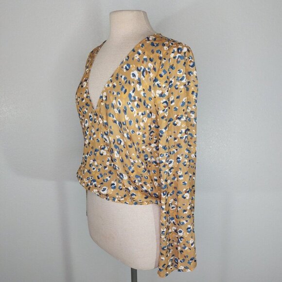 Sadie & Sage Blouse Women Medium Camel Brown Blue Boho Plunge V Neck Flare - Picture 2 of 12